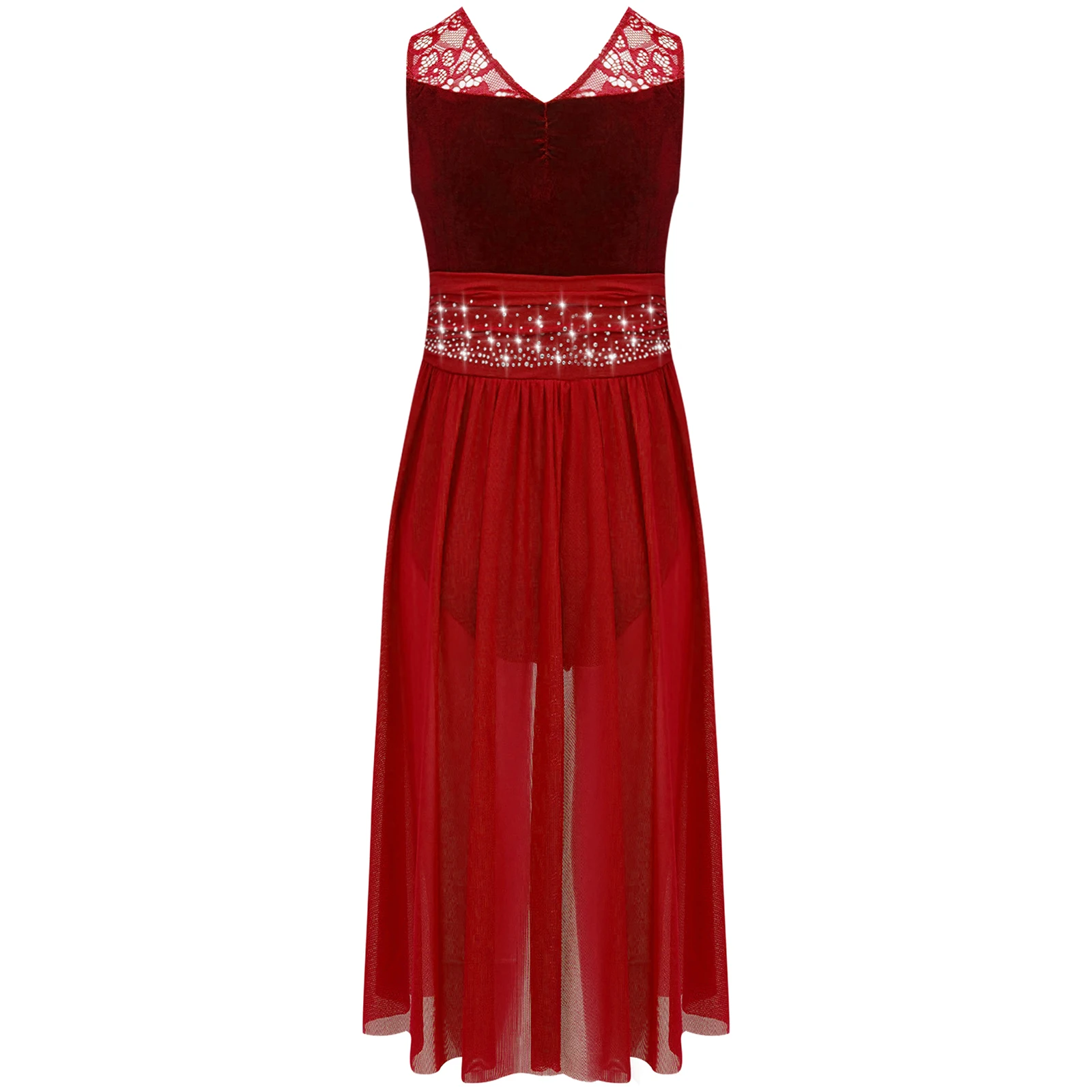 Kids Girls Lyrical Modern Dance Dress Rhinestones Sleeveless Flowy Split Maxi Leotard Dresses Gymnastics Ballerina Dance Costume