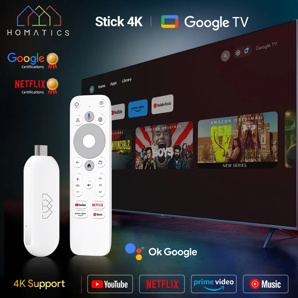 HOMATICS 4K TV Stick Netflix Google Certified Amlogic S905Y4 Google TV 12.0 Box H.265 2T2R Wifi Support Dolby Atmos AV1 2GB 32GB