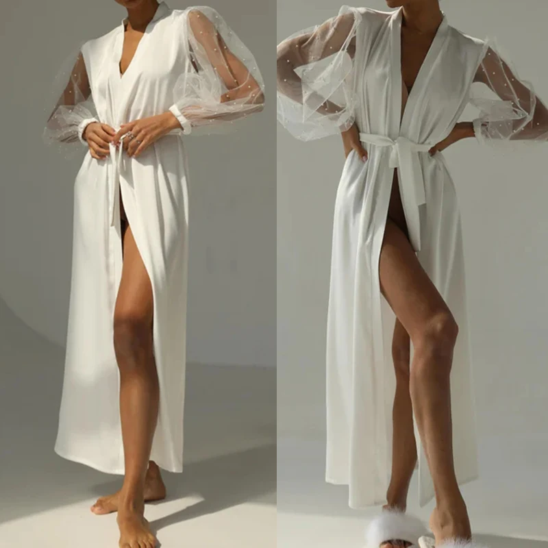 Vestido de noiva branco para mulheres, manga comprida tule robe, lingerie de festa de casamento, pijamas, pijamas, vestidos de fotografia, personalizado