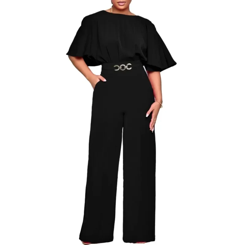 

Solid Color Women Jumpsuits For Summer Autumn Short Sleeve Loose Fashion Streetwear Overalls Wide Leg Pants Trousers 2024