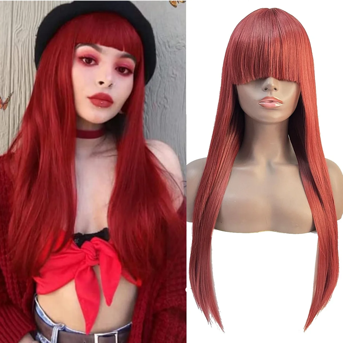 WIND FLYING Burgundy Long Straight Hair 24 Inches Wig with Bangs for Women Remy Hair Halloween Cosplay Wigs