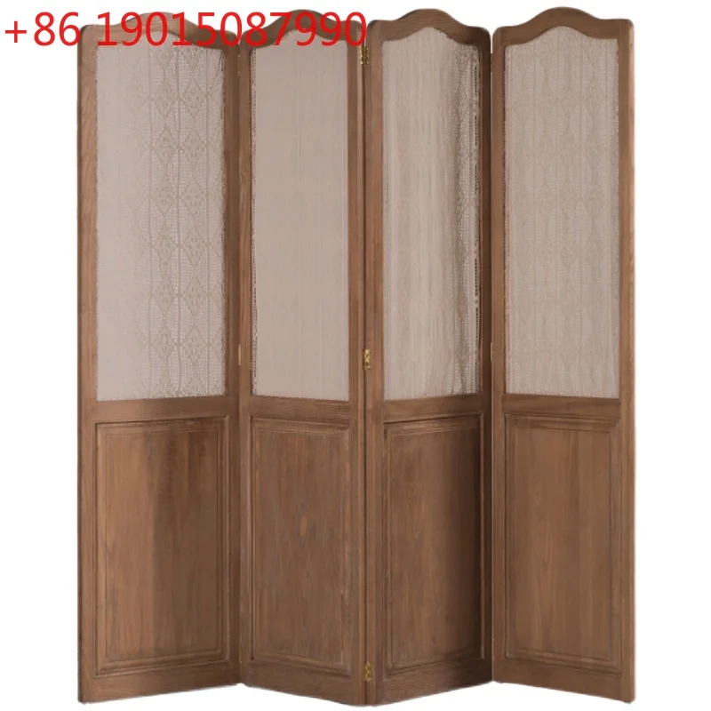 

Retro wooden screen hollow cotton and linen curtain living room partition fence office mobile folding screen