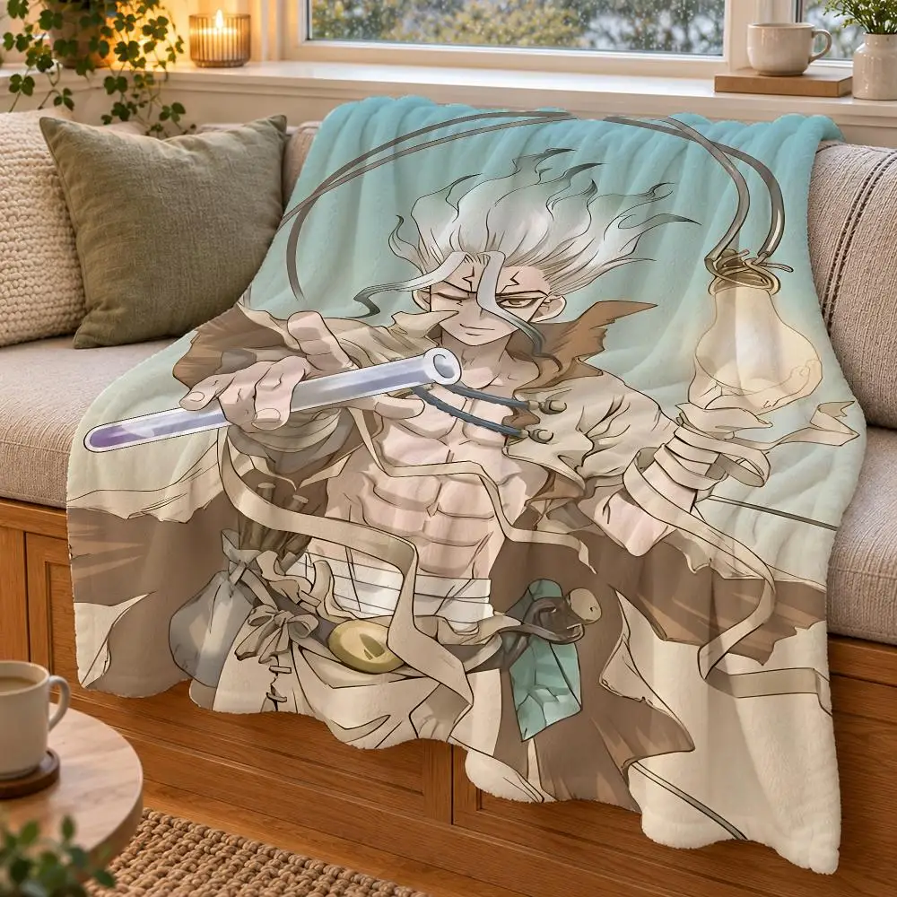 Anime Dr Stone Throw Double Sided Flannel Throw Blanket Soft Warm Washable Home Decor