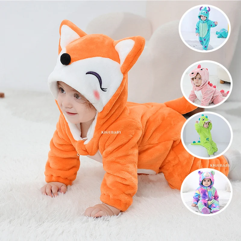 Kigurumis Foxs Baby Girls Clothes Romper Winter Soft Warm Infant Onesie Bodysuit Cosplay Costume Hooded Zipper Jumpsuits