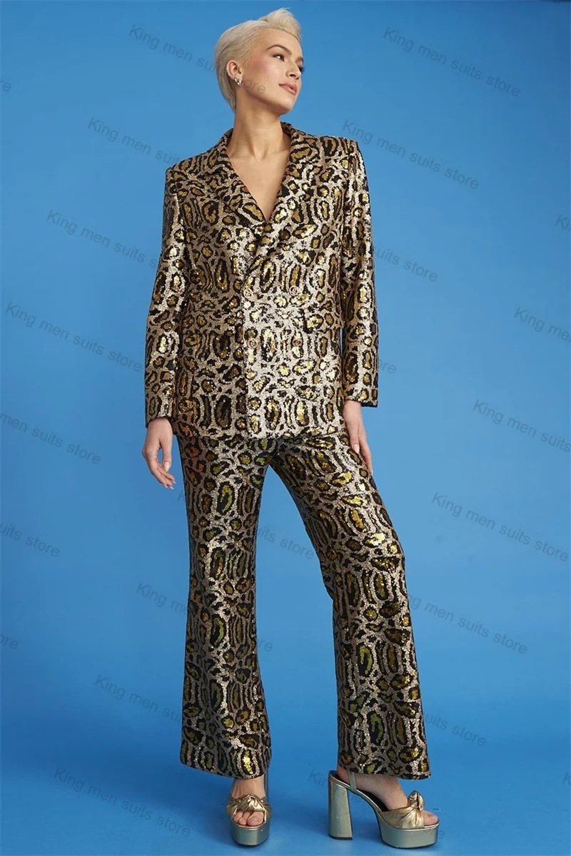 Leopard Sequins Formal Women Suit Pants Set 2 Piece Blazer+Trousers Custom Made Office Lady Double Breasted Jacket Prom Coat