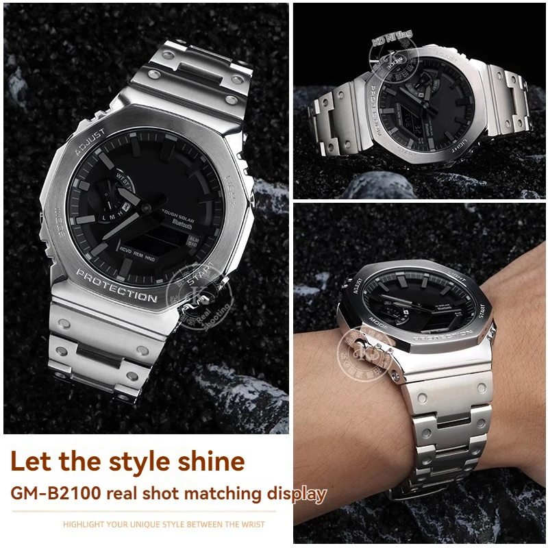 Correa de acero inoxidable GM B2100 para Casio 3229 GMW-B5000 correa de reloj G-Shock GM-B2100D/BD correa de metal accesorios octogonales de roble para hombres