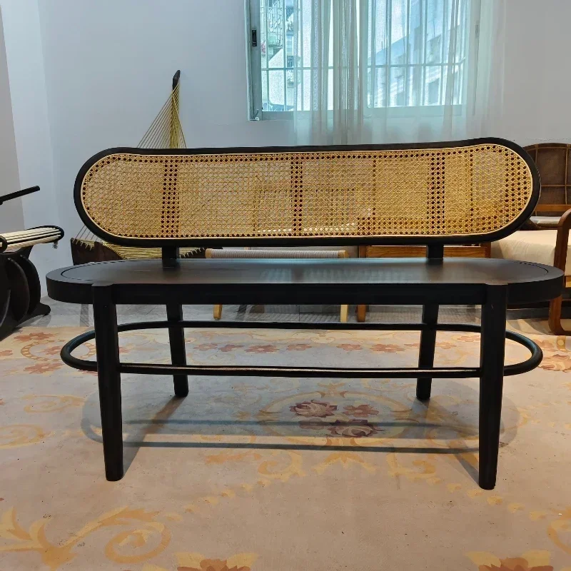 Banc en Bois Massif Rétro Double Rotin Tissé, Loisirs, Maison, Nouveau Dossier de Style Chinois