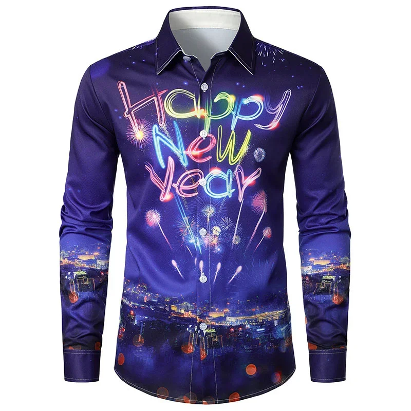 2025 Feliz Año Nuevo gráfico camisas de manga larga para hombres ropa de invierno Hip Hop camisa Unisex Santa Claus botón hombre Navidad Tops