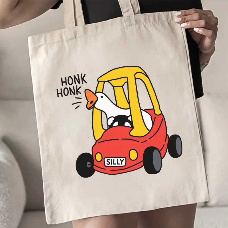 Canvas-Tragetasche mit Cartoon-Enten-Design, „Honk Honk Silly“, umweltfreundliche, wiederverwendbare Tragetasche mit großem Fassungsvermögen für den täglichen Gebrauch, zum Einkaufen und Reisen. – Detail 4