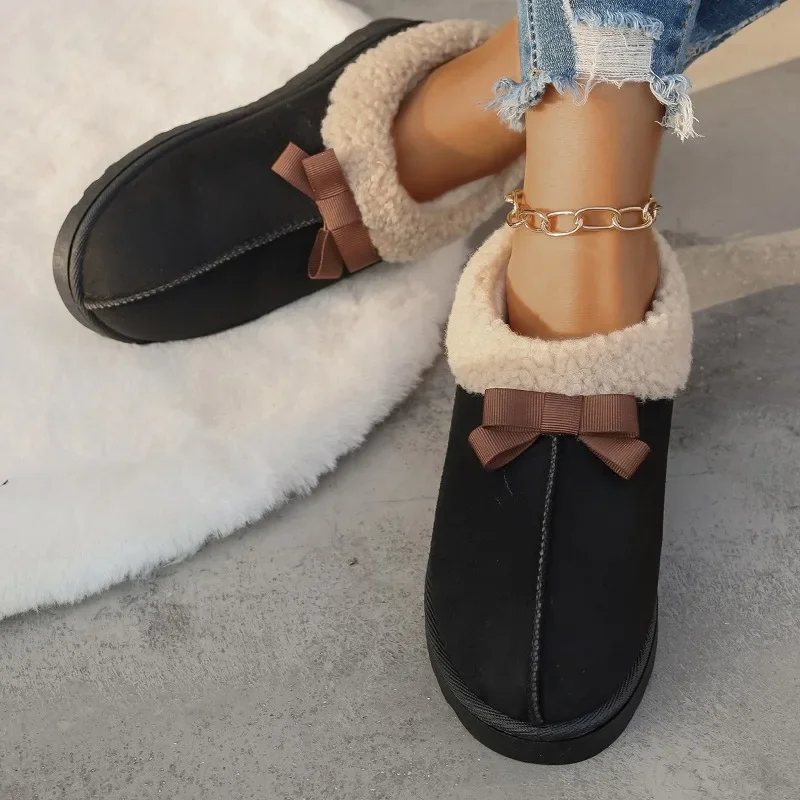 حذاء ثلج من جلد الغزال بفيونكة منخفضة للنساء، مقاس 43، موديل شتوي جديد 2025، مع حذاء مخملي سميك من القطن