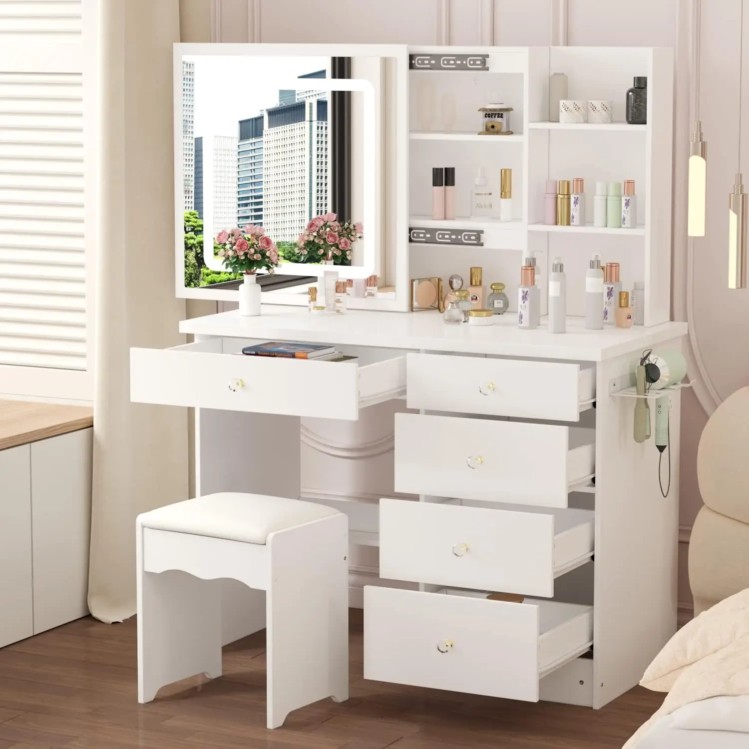 

Vanity Desk Set with Sliding Lighted Mirror, Power Strip, Hair Dryer Holder, Drawers, Storage Shelves & Stool