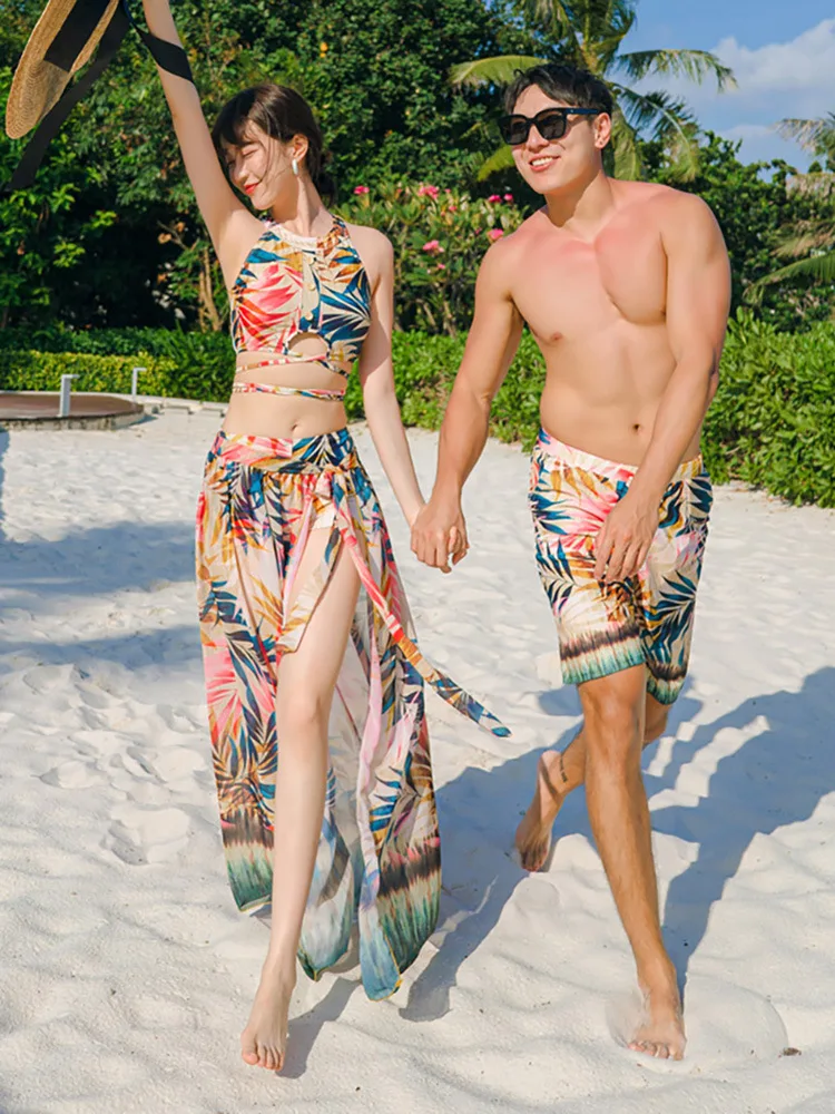 

Купальник с высоким воротом и принтом, купальник с высокой талией, комплект бикини из 3 предметов, женские и мужские шорты для плавания, летний костюм для серфинга, купальный костюм для пар