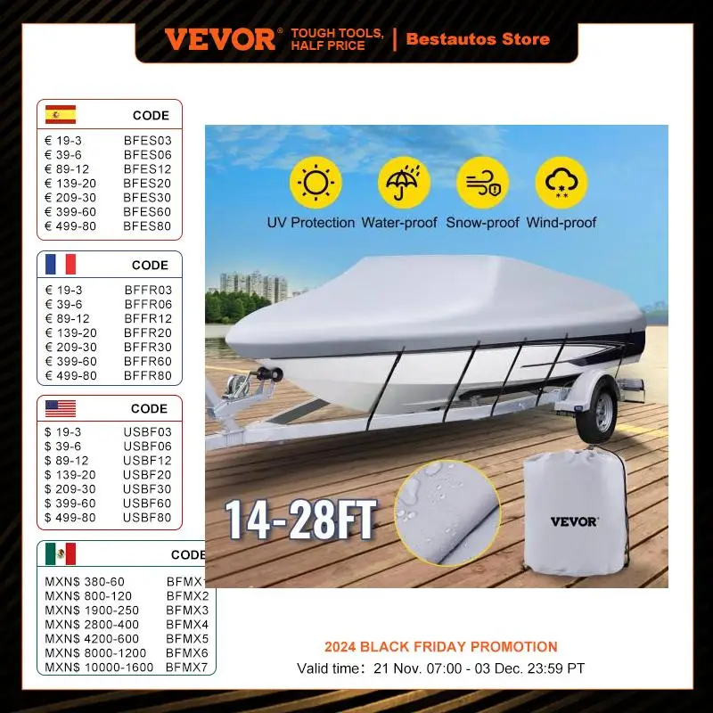 VEVOR 14-28 FT V Hull Boat Cover 3 Layer Oxford Fabric All-Season Protection With Storage Bag and 5Pcs Adjustable Straps