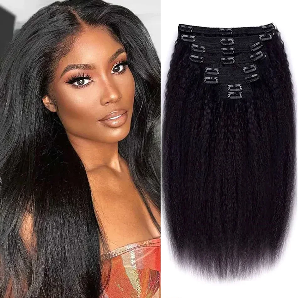 Kinky Straight Clips In Human Hair Extensions 120G 8Pcs/Set In Brazilian 100% Remy Human Hair Natural Color 10-26inches