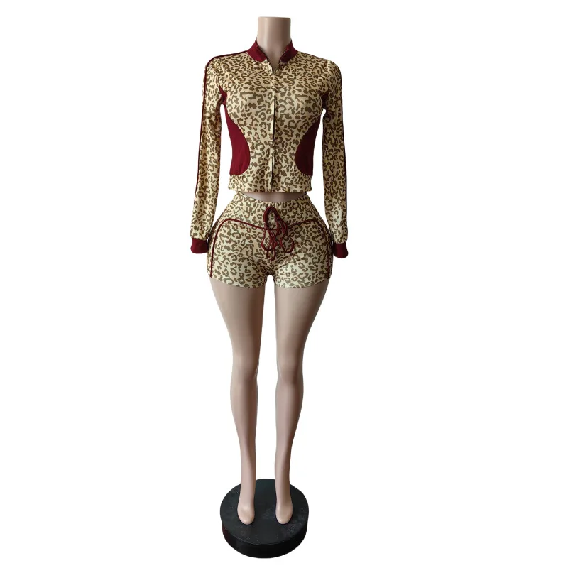 เสือดาวพิมพ์ผู้หญิง 2 ชิ้นชุดแขนยาวซิป Fly เสื้อ Skinny BIKER กางเกงขาสั้นชุดจับคู่ 2025 ฟิตเนส ...