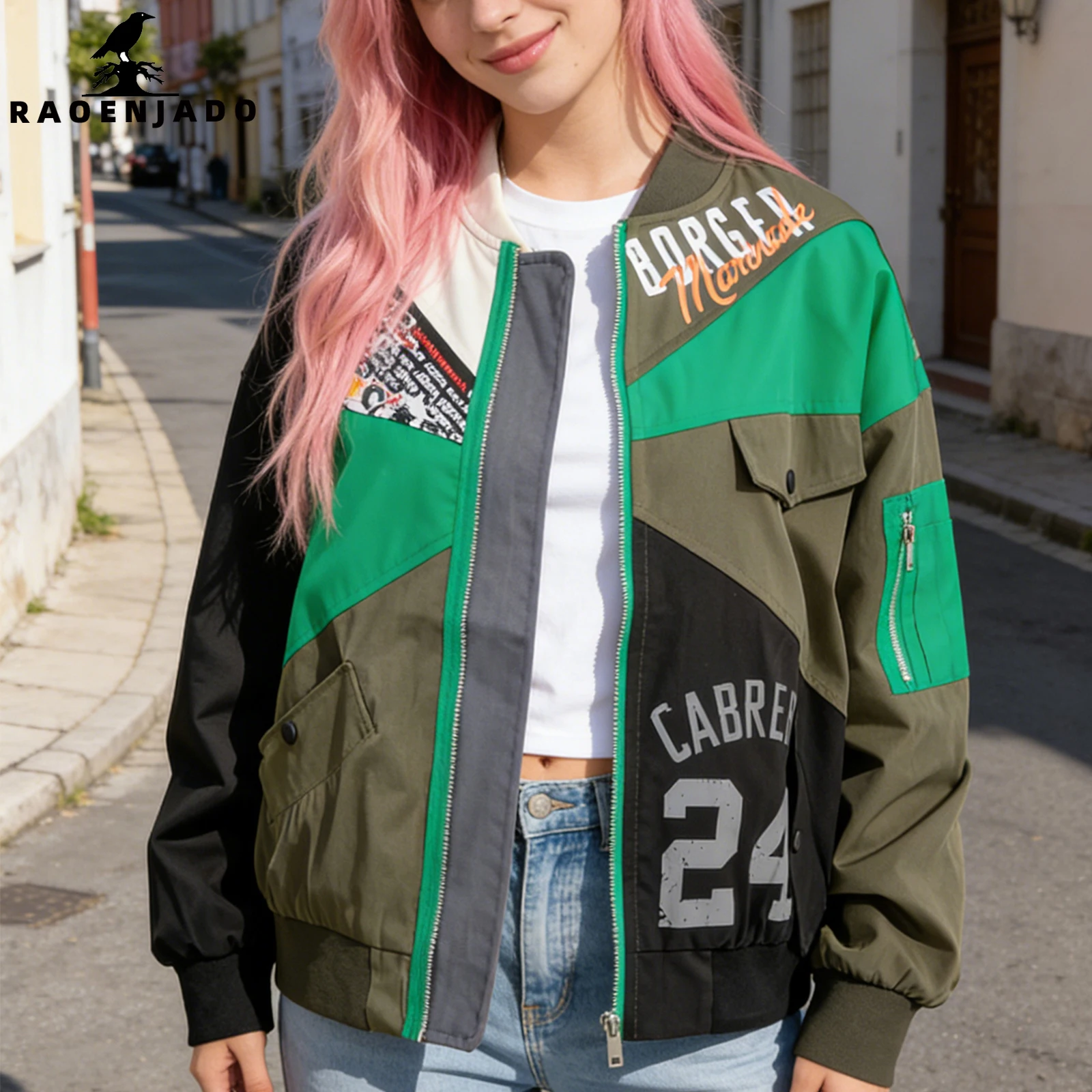 Women's Bomber Jacket Casual Letter Print Full Zipper Coat Vintage Colorblock Streetwear Outerwear with Baseball Collar