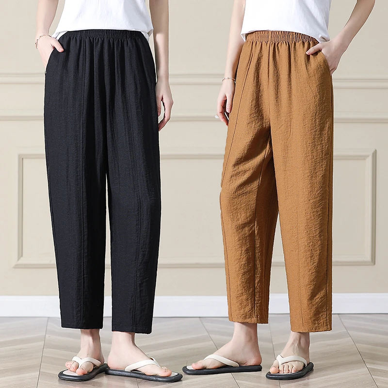 

Женские повседневные свободные брюки из хлопка и льна с эластичным поясом, высококачественные ветрозащитные брюки, женские спортивные брюки больших размеров на каждый день