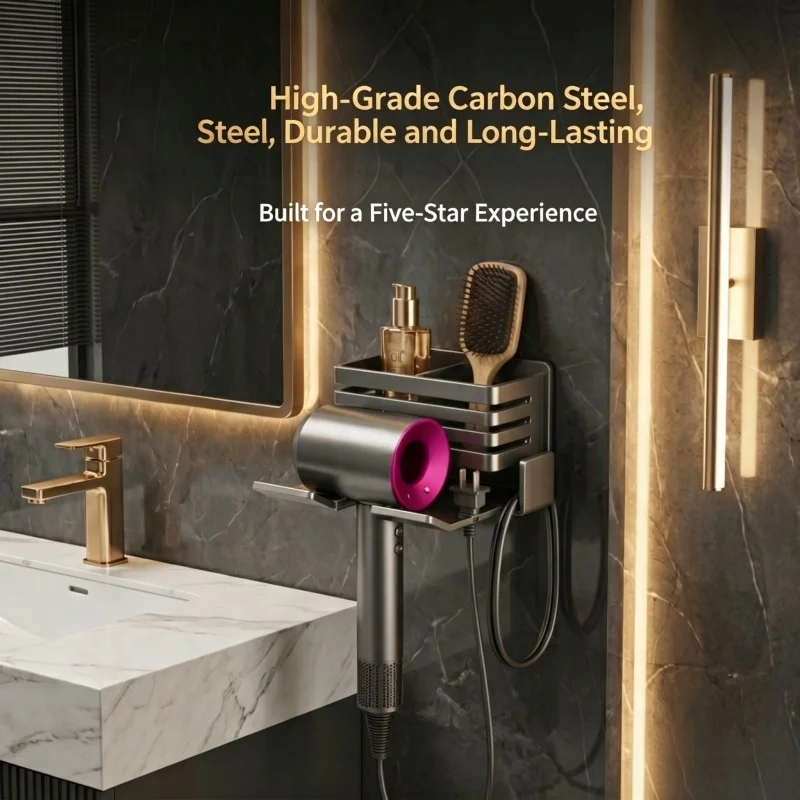 Carbon Steel Hair Dryer Holder, No Drill Wall Mount Bathroom Storage Rack