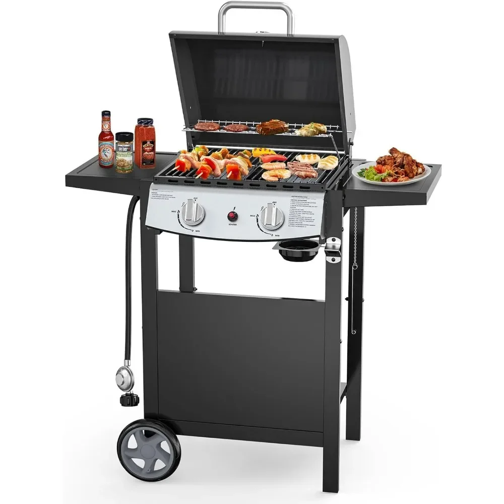 

BBQ Grill, 2 Burner Propane Gas Grills, Stainless Steel Grills with Two Side Storage Shelves, BBQ Grill