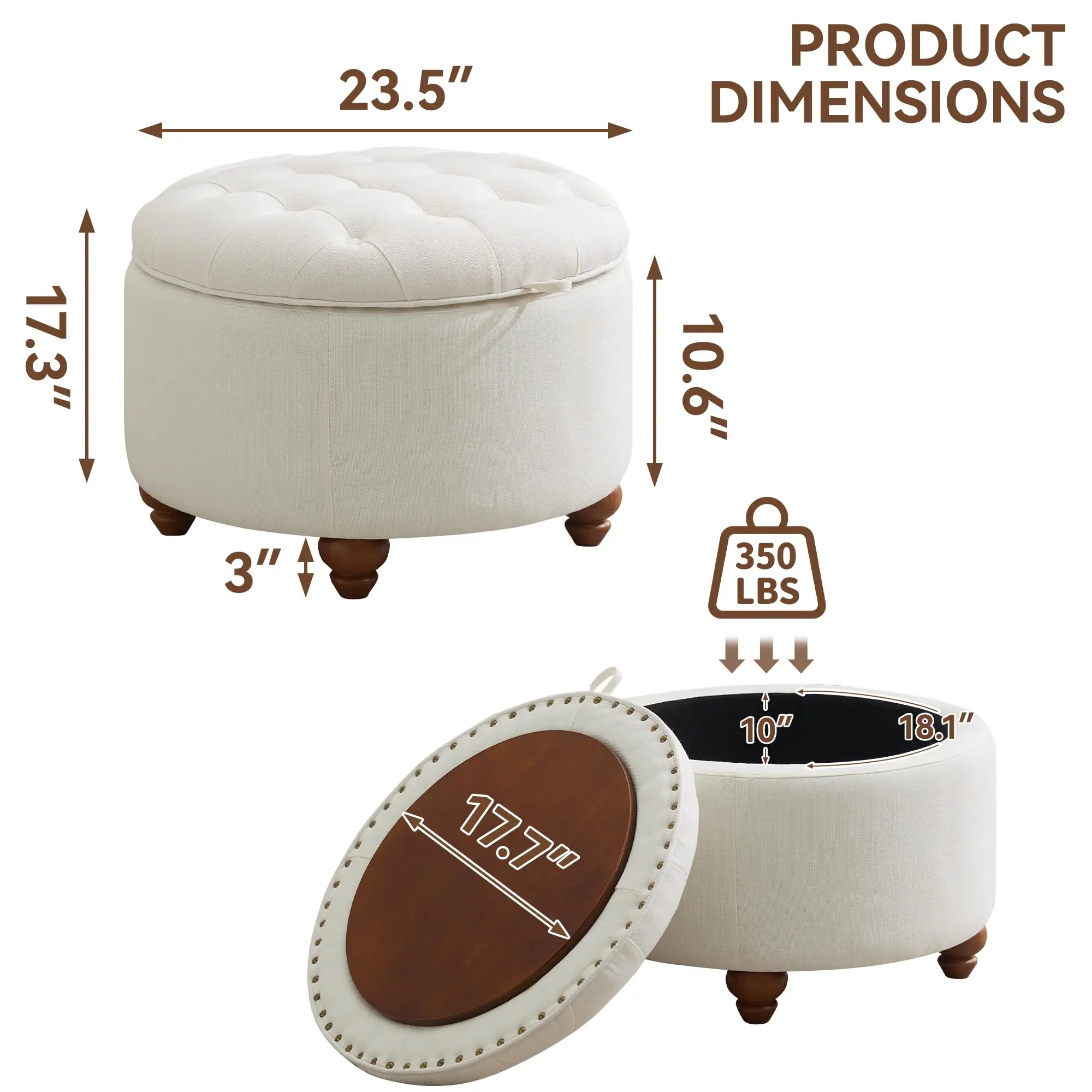 24Inch Round Storage Ottoman with Tray, Modern Tufted Fabric Circle Coffee Table with Storage, Upholstered Ottoman with