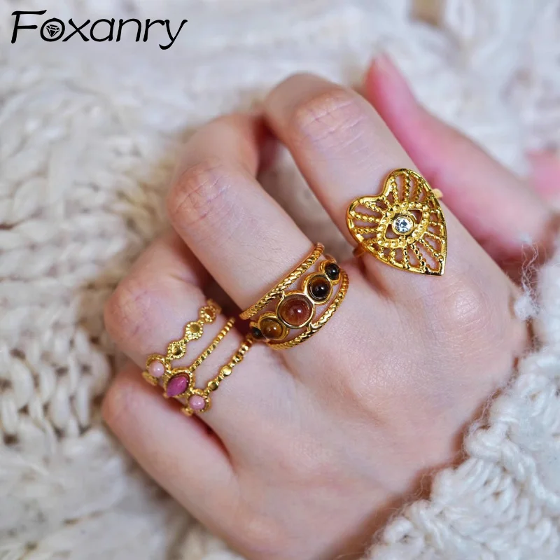 Foxanry Gold Color Love Heart Geometric Rings For Women Girls New Fashion Personality Exquisite Elegant Anniversary Jewelry Gift