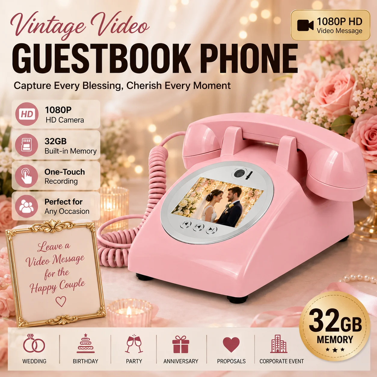 Video Guest Book Pink Telephone for Wedding Reception Record Video Blessings from Guests with 1080P Camera 32GB Storage Gift Box