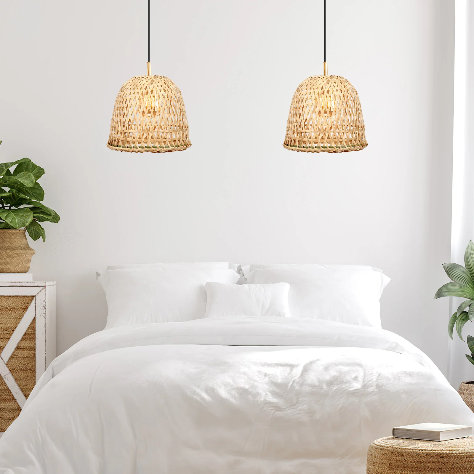 2-delige bamboe lampenkap hanglamp cover geweven wit nachtkastje plafond hangende lampenkappen decor weven bohemien