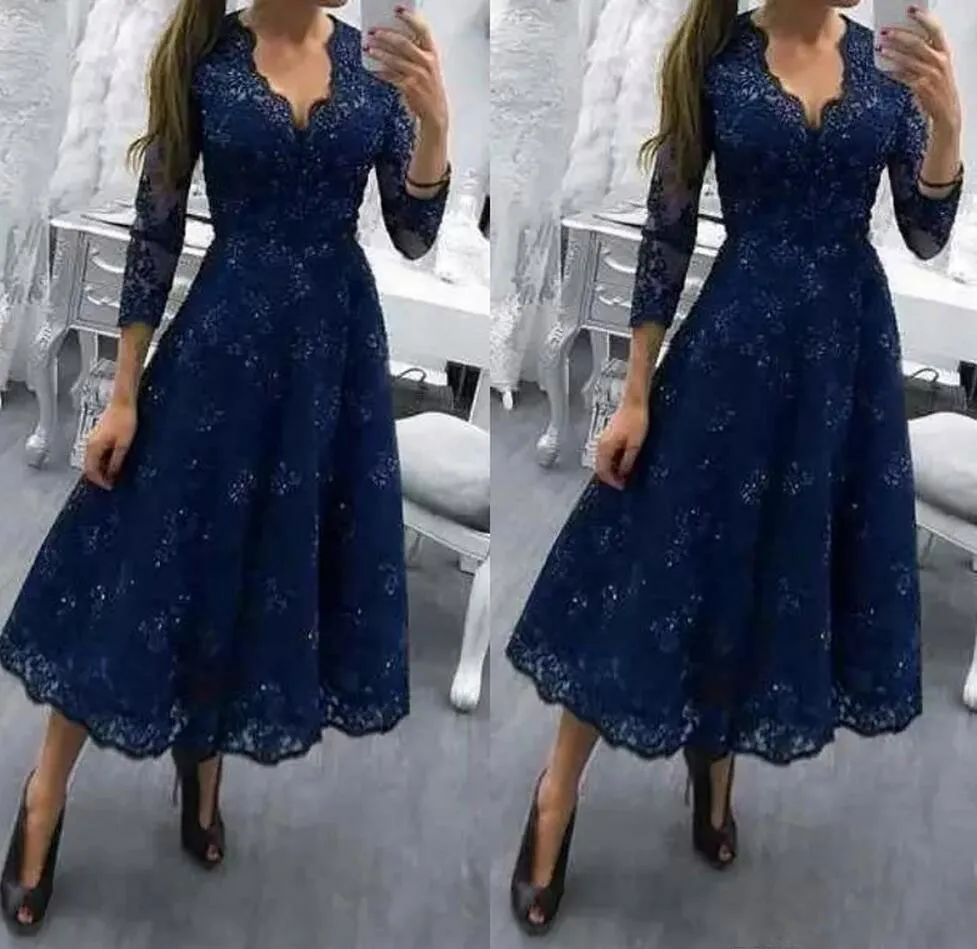 

customize 3/4 Sleeves Lace Mother of The Bride Dresses for Weddings V Neckline Tea Length Elegant Dress Women for Wedding Party