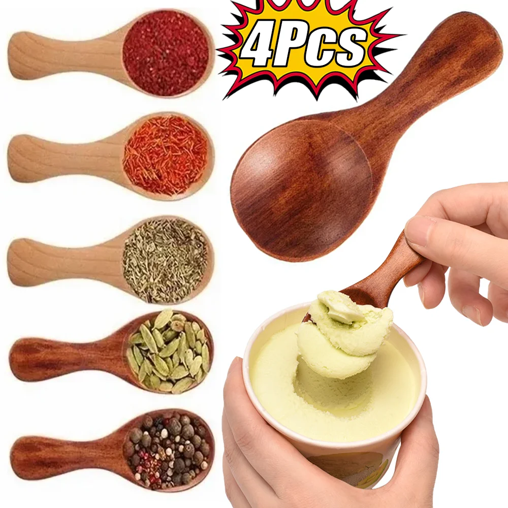 

1/4Pcs Short Handle Natural Small Wooden Spoons Tea Honey Coffee Spice Condiment Salt Sugar Scoop Mini Baby Spoon Kitchen Gadget