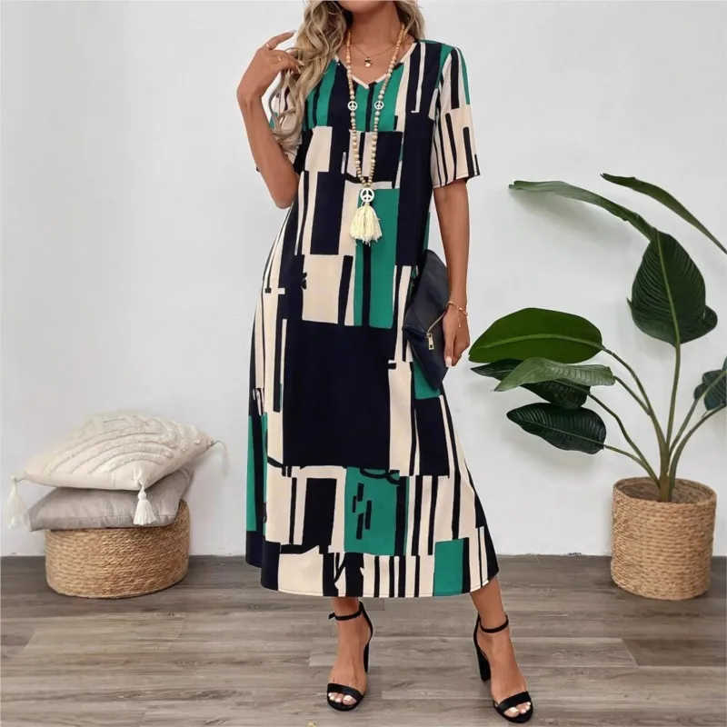 

Women's Spring Autumn Fashionable Printed Sexy V-neck Five Quarter Sleeve Casual Loose Long Dress Vestidos De Fiesta Elegantes