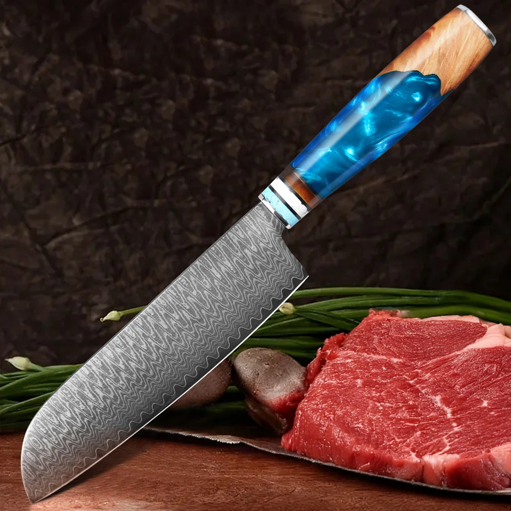 Santoku-Messer, Damaststahl mit blauem Griff, multifunktionales VG-10-Damast-Küchenmesser für professionelle und Amateurküchen. – Detail 5