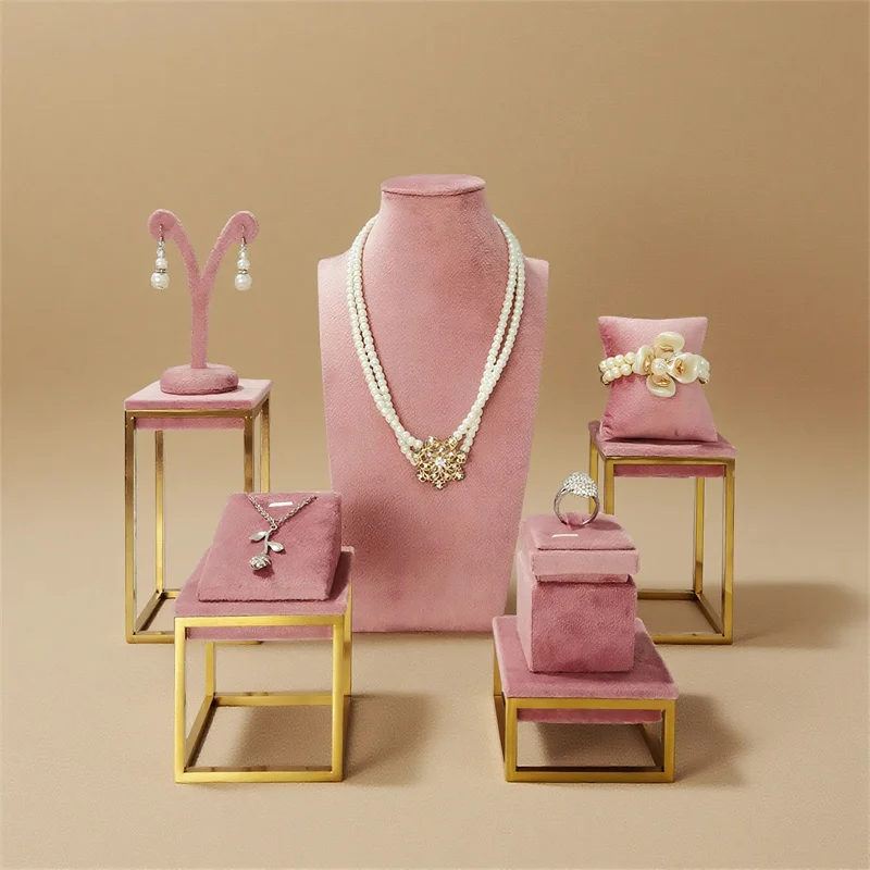 

High-quality Pink Velvet Jewelry Storage Display Stand With Gold Frame Jewelry Storage Displaying Ring necklace Bracelet