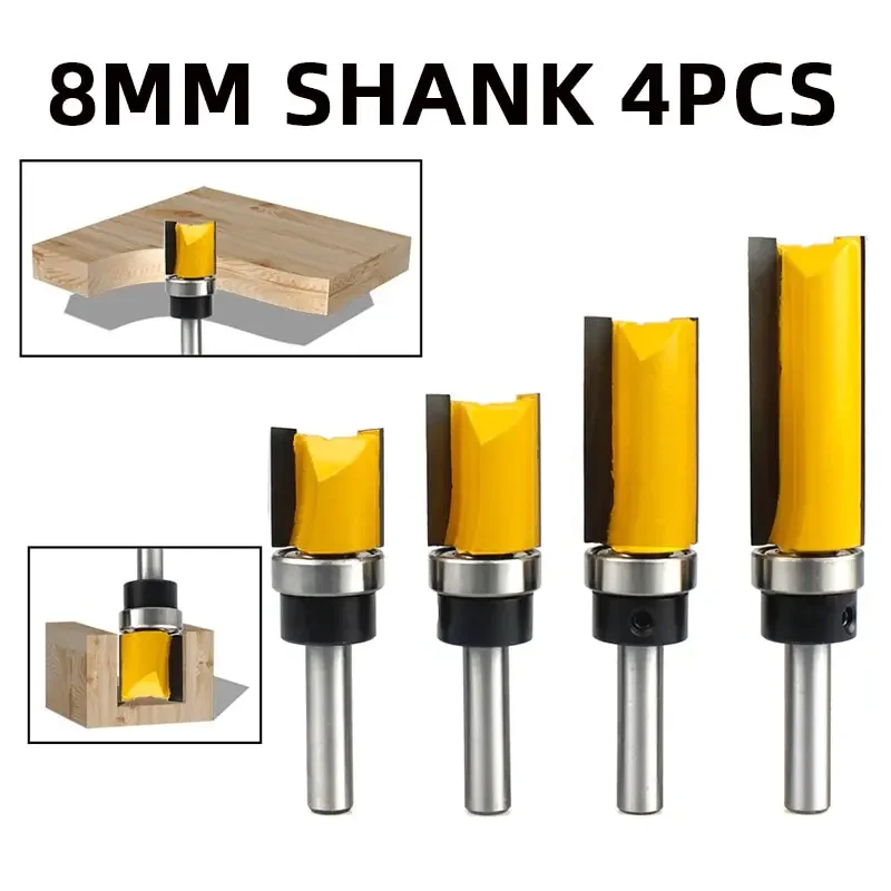 4PCS 8MM Shank Woodworking Milling Cutter Profile Trimming Knife Engraving Machine Milling Cutter with Bearing