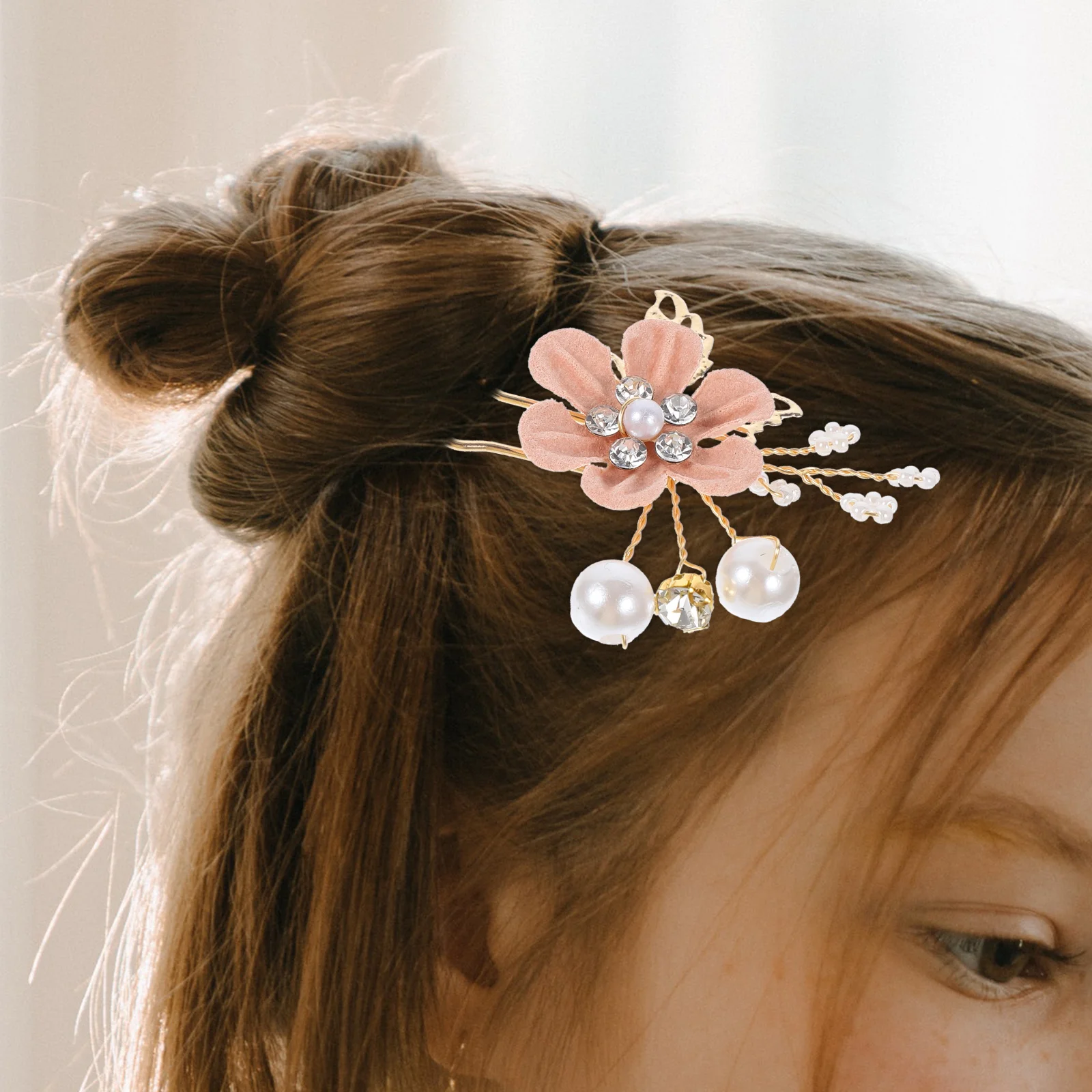 

Elegant Pearl Hair Fork Bridal Accessories U Shaped Hairpin Pink Wedding Accessory