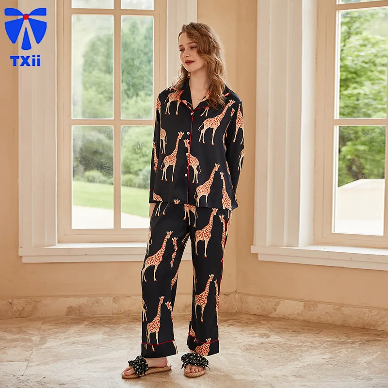 【Black Giraffe 】comfortable Ice Silk Pajamas Women High-end Sense ins Style Lapel Spring/Summer Long Sleeve Home Suit 17