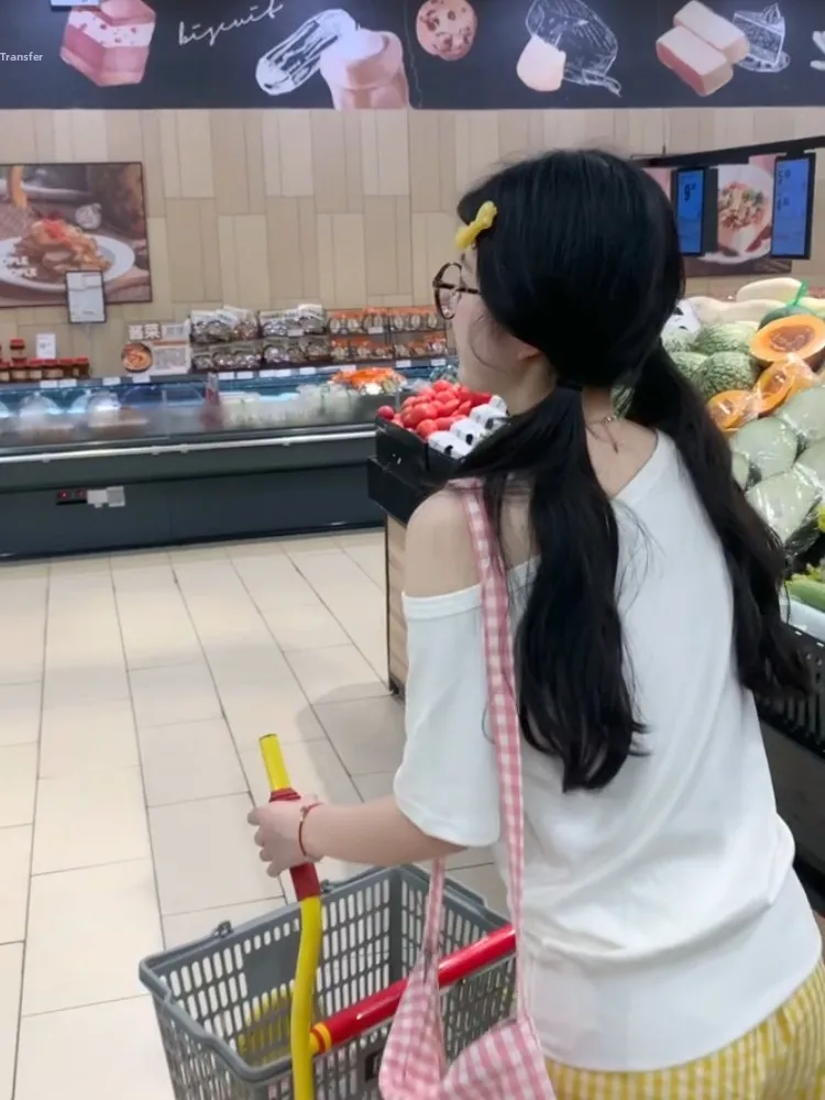 Koreaanse Sle Sweet Girl Fun Print Slant oulder ort Sve T-shirt Vrouwen Zomer Ontwerp Wit Pittig Meisje Unieke oulder Ba...