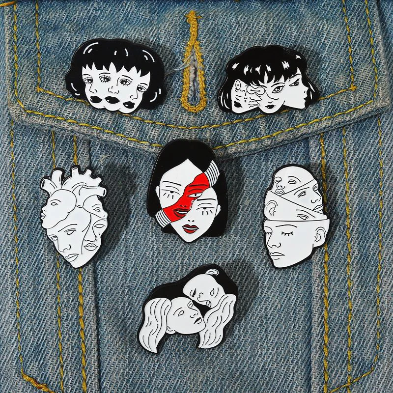 Movie Tomie Pines Lapel Badges Gothic Jewelry Gift for Fans Friends Divisive Face Enamel  Brooch Custom Organ Heart Horror