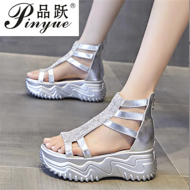 7cm Summer New Zipper Women's Roman dermis Open Toe Rhinestone  Women's Sandals Casual Fashion Thick Sole Beach sandal