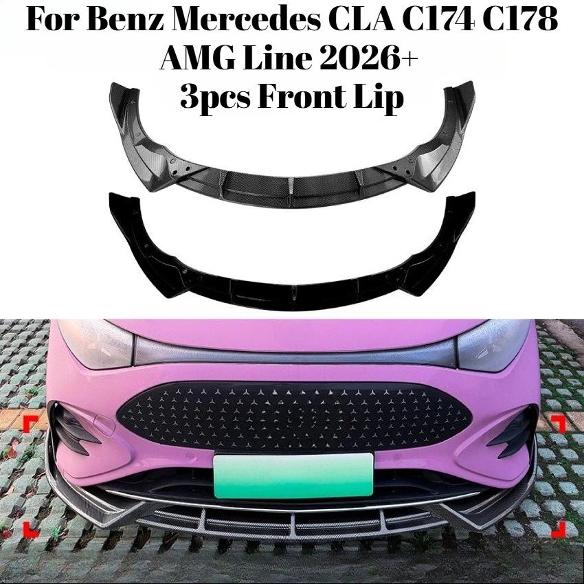 

For Benz Mercedes CLA C174 C178 AMG Line 2026 3pcs Front Lip Front Splitter Spoiler Bumper Gloss Black Carbon Fiber Look Tuning