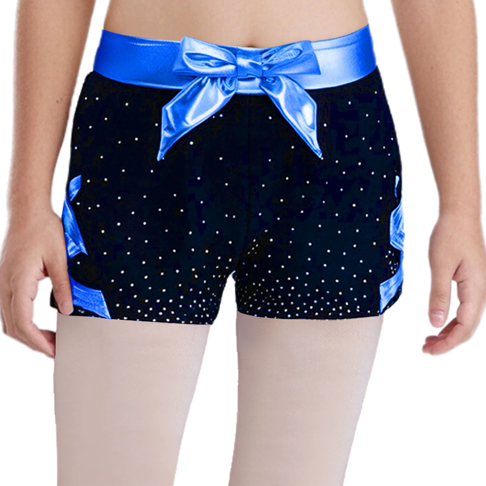 

Детские спортивные шорты для гимнастики и танцев для девочек, низ с металлическим бантом, эластичный пояс по бокам, стразы, шорты для тренировок по фигурному катанию