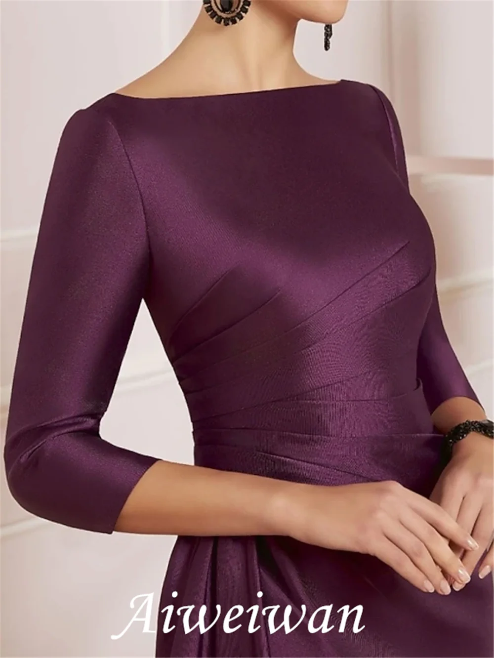 Sheath / Column Mother of the Bride Dress Elegant Off Shoulder Knee Length Satin 3/4 Length Sleeve with Ruching