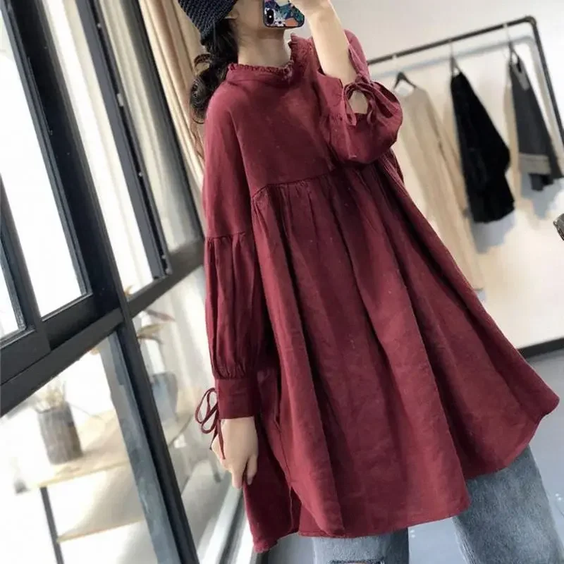 

Женские японские винтажные рубашки большого размера на шнуровке, осенние туники с воротником-стойкой, блузки-туники, однотонные хлопковые льняные топы с длинными рукавами