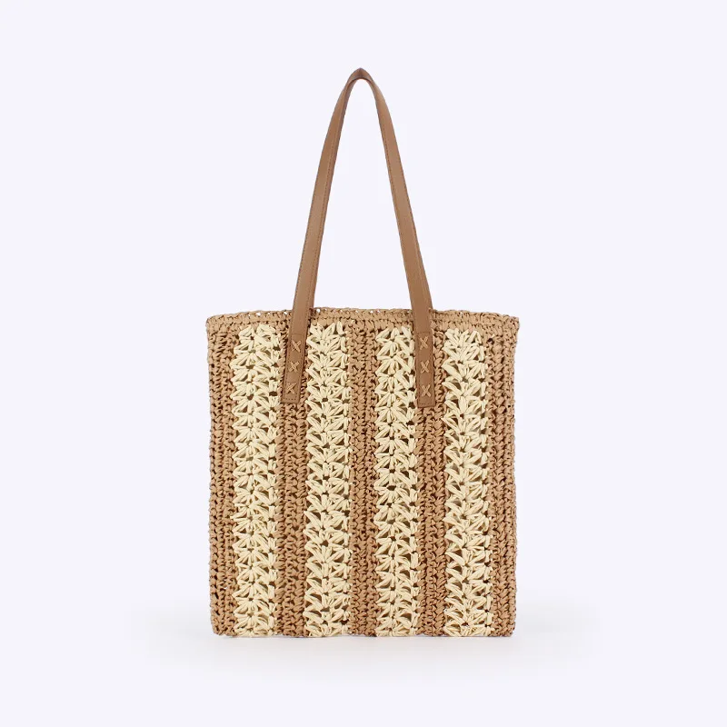 

Fashion Simple Hollow Collision Color Stripe Handmade Weaving Bag Large Capacity Commuter Shoulder Bag Travel Hundred Straw Bags