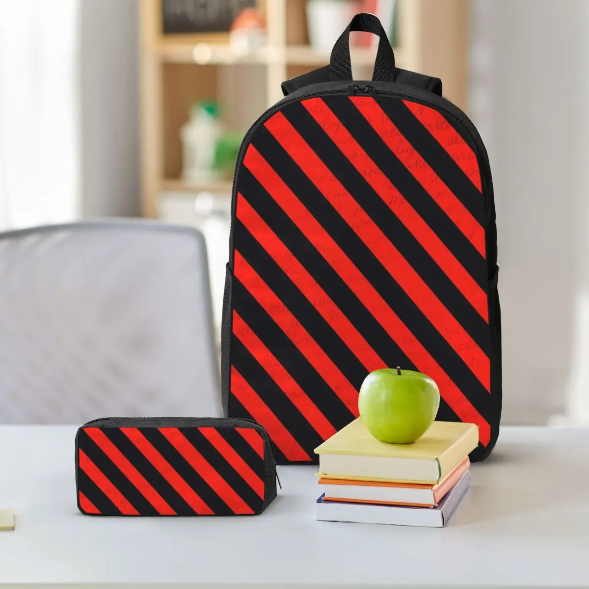 Black And Red Stripes Striped Geometric Lines Backpack BookBag School Bag Shoulder Bags 3ps Insulated Lunch Bag Pencil Case