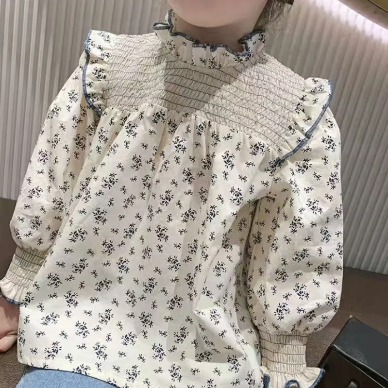 Blusa Floral de manga larga para niñas, camisa de cuello alto de algodón, a la moda, para primavera y otoño