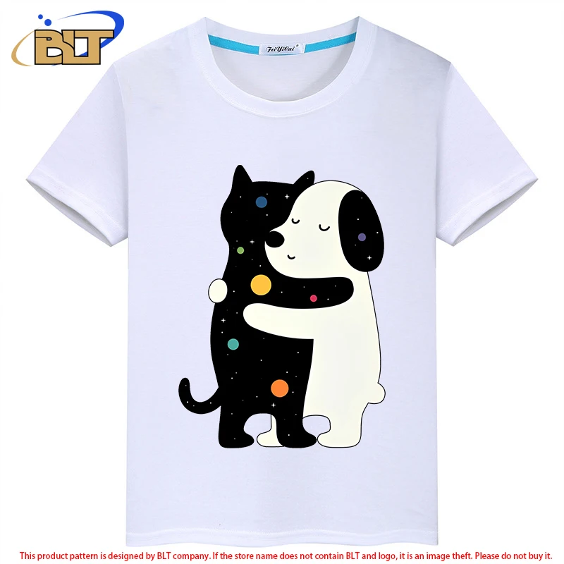 Camiseta infantil de manga curta de abraço de gato e cachorro, tops casuais para meninos e meninas, idioma universal, verão