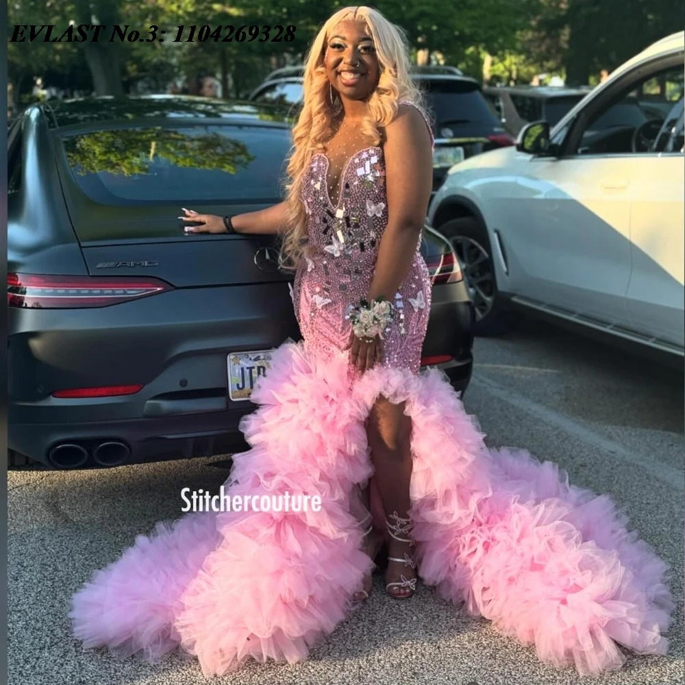 

EVLAST Customized Elegant Pink Mermaid Prom Dress Black Girls Rhinestone Crystal Beaded High Slit Wedding Party Gala Gown E3P307