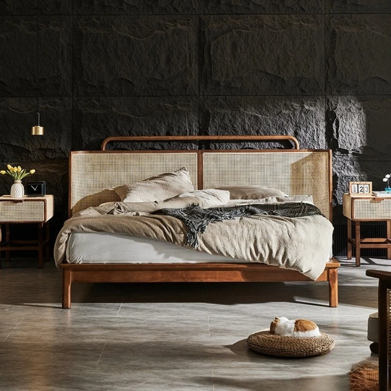 Bedroom wabi-sabi retro master bedroom rattan bed double solid wood bed