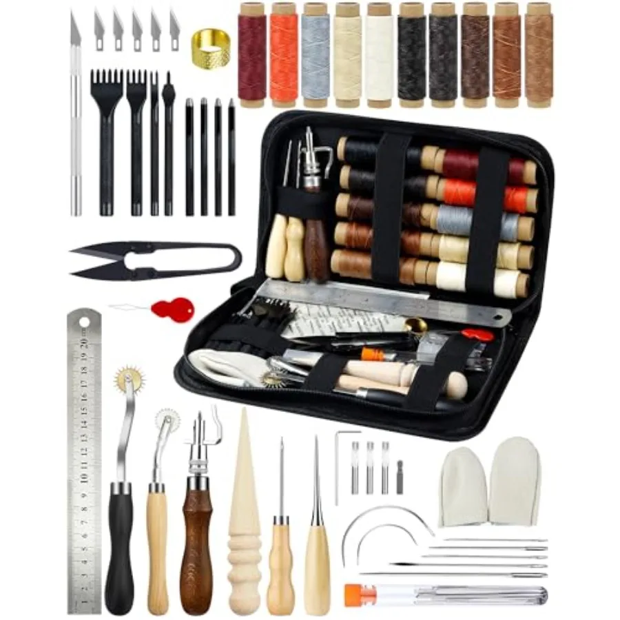 

PLANTIONAL Leather Working Tools for Beginners: Professional Leather Craft Kit with Waxed Thread Groover Awl Stitching Punch fo