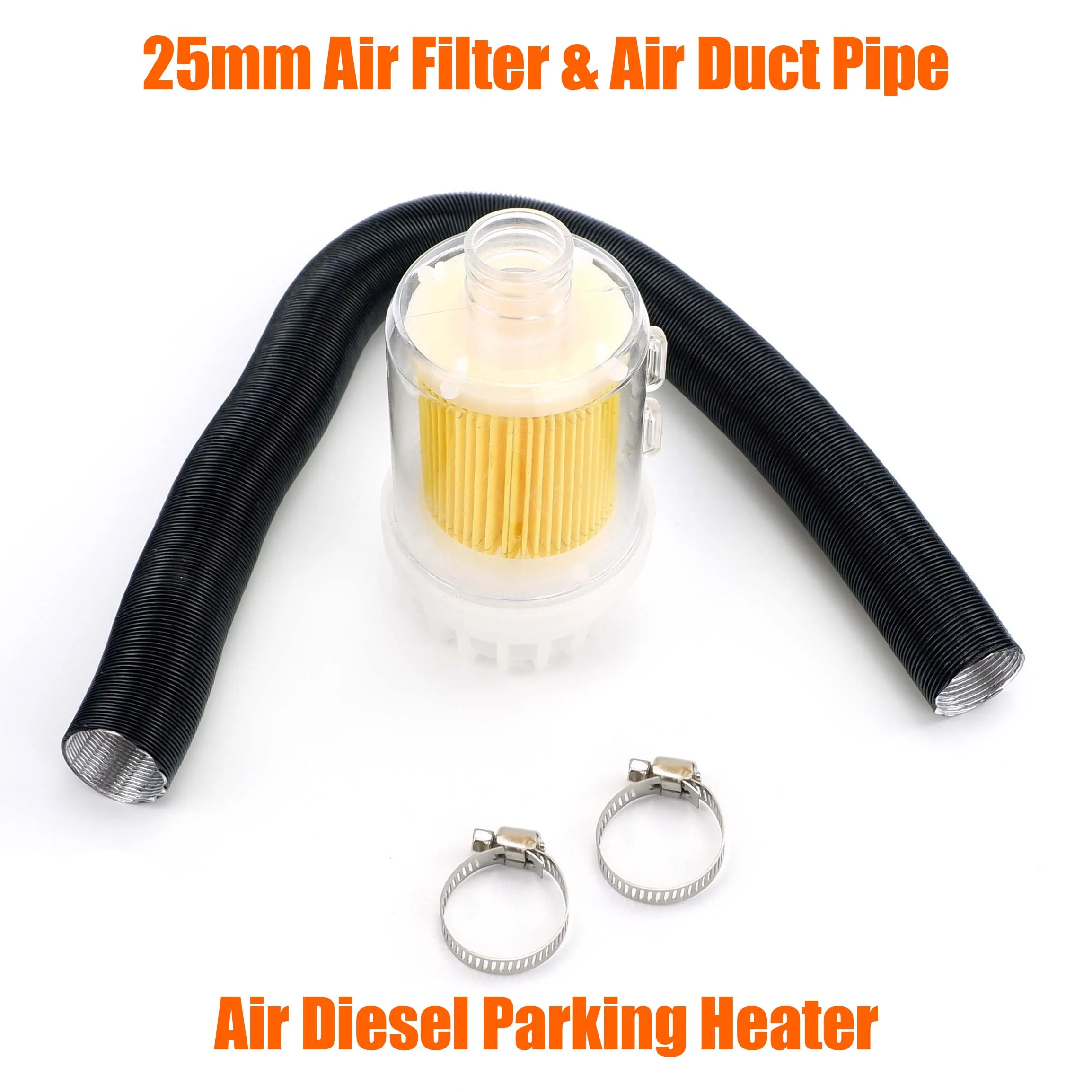 25mm Air Diesel Heater Intake Filter Silencer + Intake Duct Pipe Stretch Length 60cm + 2x Clips For Car Truck VAN C